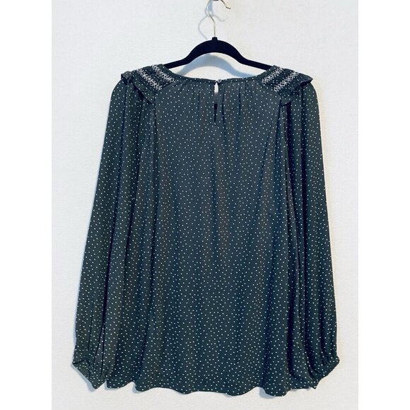 LOFT Top Womens Large Gray Dotted Smocked MIxed Media Cottagecore Romantic Flowy - Picture 5 of 8